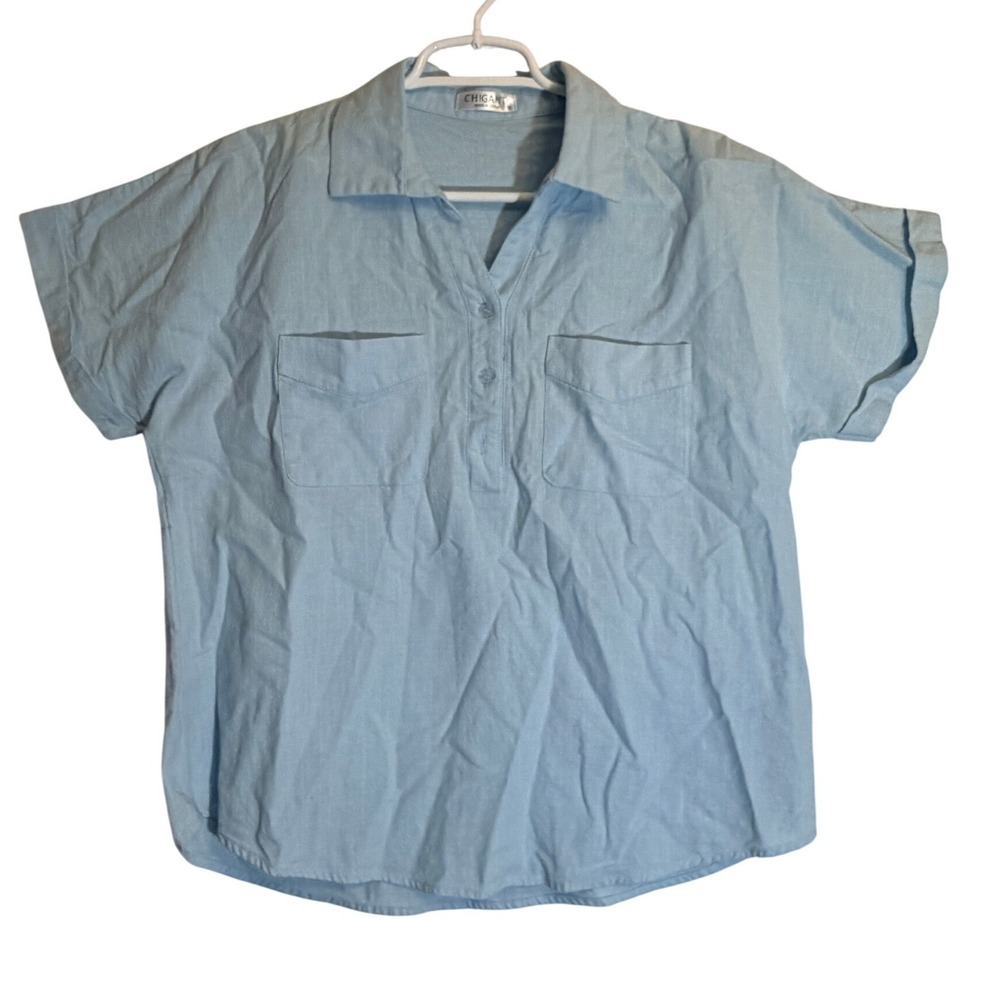 Chigant‎ Womens Light Blue Textured Short Sleeve Medium Collared Top Roll Sleeve